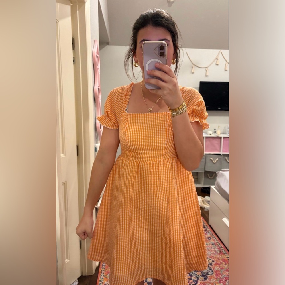 Orange Gingham Puff Sleeve Dress